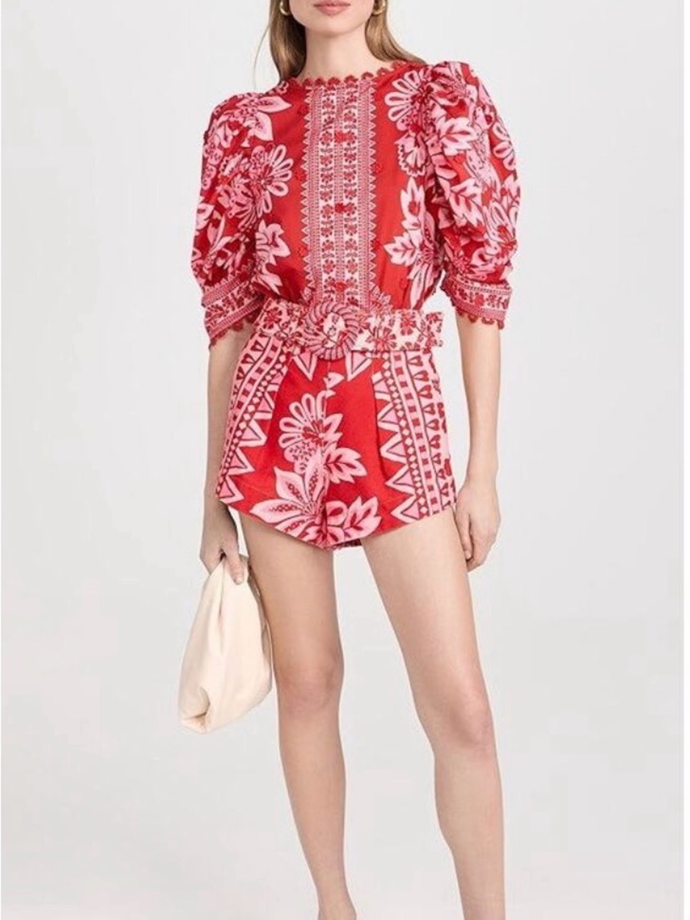 Red Floral Printed Puff-Sleeve blouse